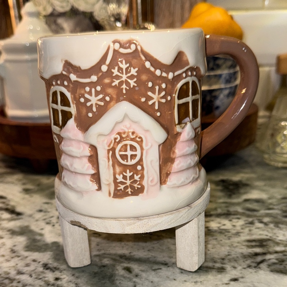 Gingerbread House Mug with Pink Accents